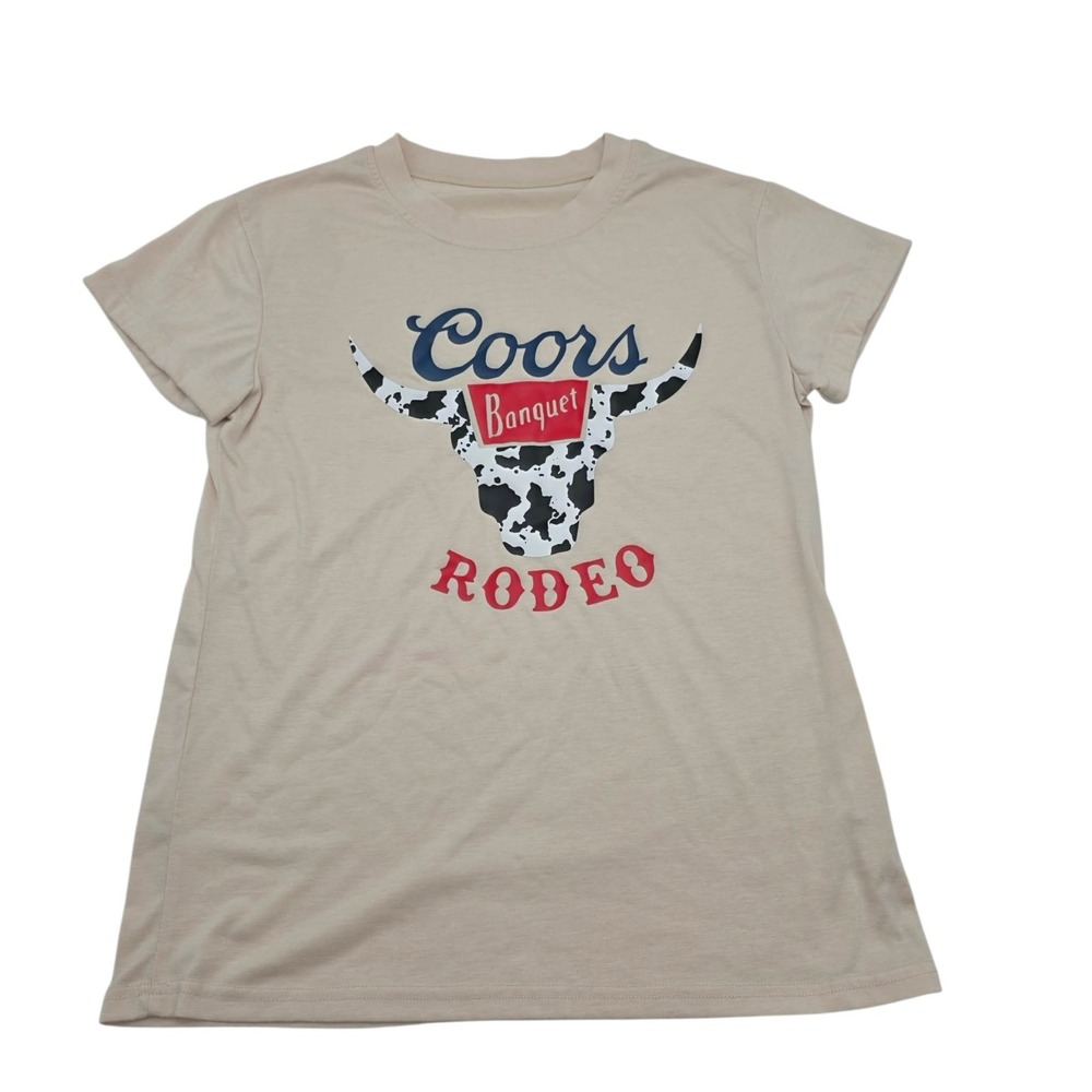 Coors Banquet‎ Rodeo T-Shirt Cream Bull Skull Graphic Print Adult Size Small
